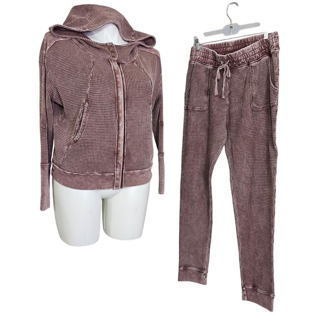 Hard Tail Forever Mauve Waffle Knit Zip Hoodie and Joggers Lounge Set Large